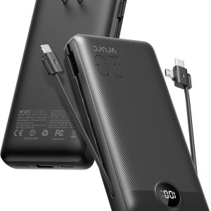 VRURC Portable Charger 20000mAh, Fast Charging Power Bank USB C,4 Output 2 Input Charging Bank Equipped with LED Display,Built-in Wall Plug and Cables,Cell Phone Replacement Battery,Black